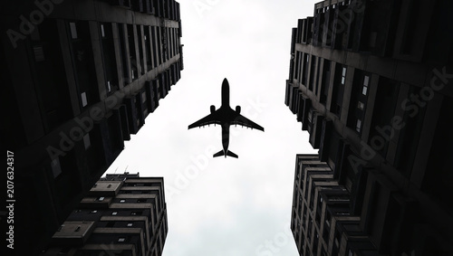 Low-angle monochrome shot of plane silhouette framed by towering apartment blocks