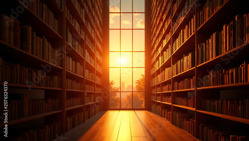 Sunlit library lined with bookshelves, large window glowing with sunset