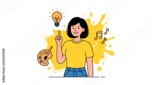 Creative woman holding paint palette with lightbulb idea and music notes illustration