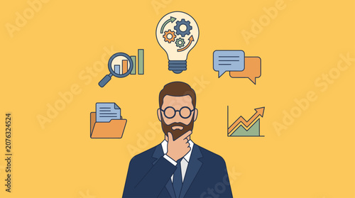 Businessman thinking about strategy with business idea and innovation icons background