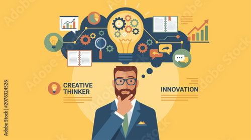 Businessman thinking about strategy with business idea and innovation icons background