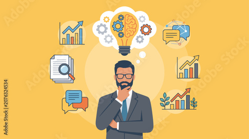 Businessman thinking about strategy with business idea and innovation icons background