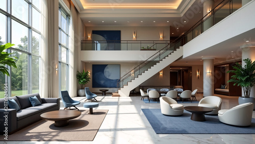Spacious double-height lobby with glass staircase and modern lounge seating