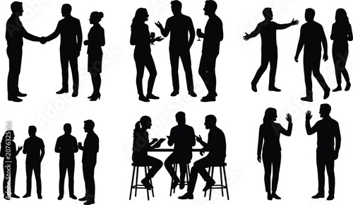 Foto People networking silhouettes set featuring business handshake talking at bar st
