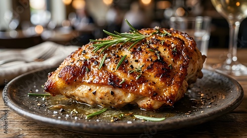 Glazed chicken breast with rosemary and seasonings on a plate.