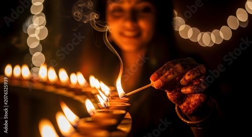 Woman lighting traditional oil lamps