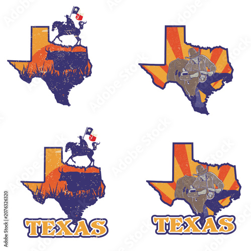 Vintage Texas State Map Badge Collection with Cowboy and Longhorn Vector Set