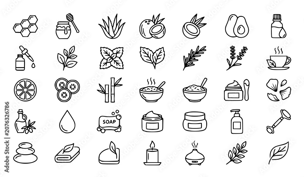 Fototapeta premium Food and Beverage Line Icons Collection with Fruits Herbs Coffee Tea and Kitchen Ingredients