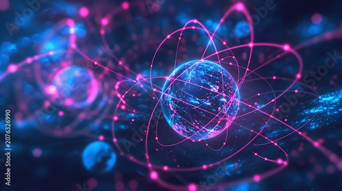 Abstract particle physics art, dark blue purple background, glowing neon pink blue energy spheres, circular orbital rings, connected particle trails, futuristic science 3D render