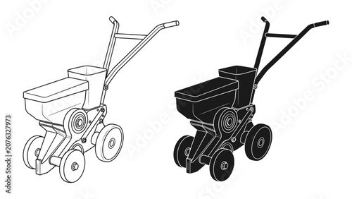 Bild auf Leinwand Seed Spreader Illustration: A detailed graphic illustration of a seed spreader machine, presented in both line art and silhouette, showcasing its mechanism for distributing seeds