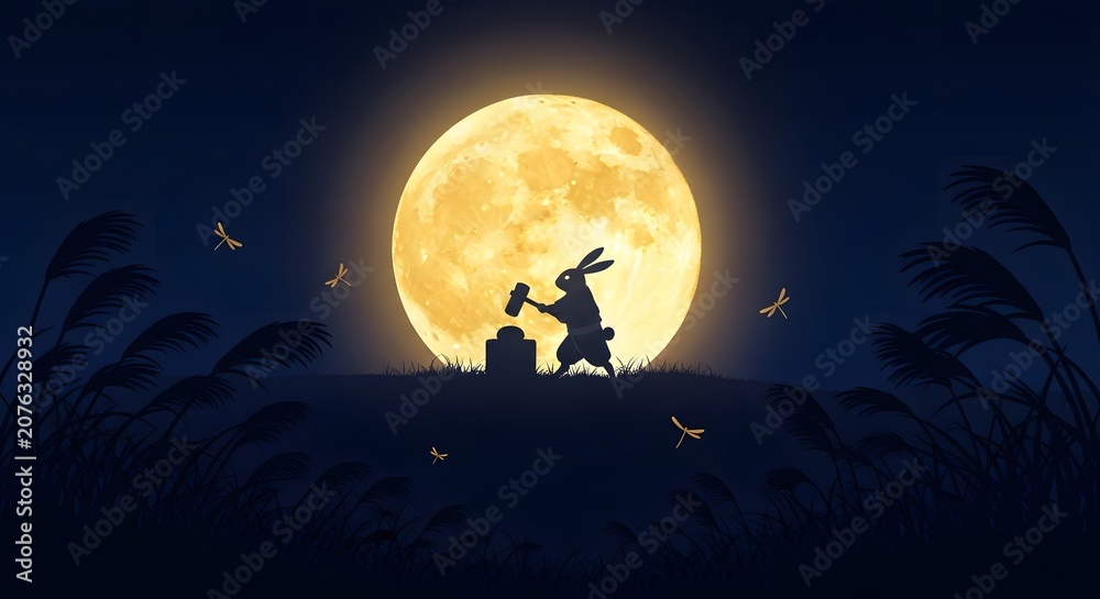 Fototapeta premium Rabbit silhouette pounding mortar under full moon