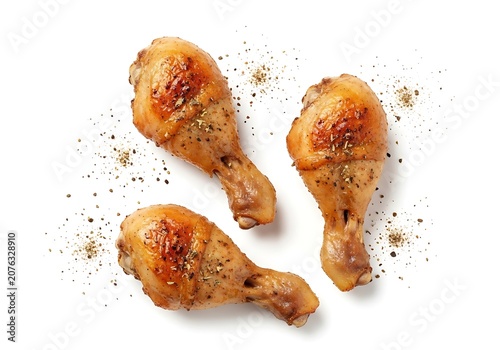 Three roasted chicken drumsticks with herbs and spices on a plate