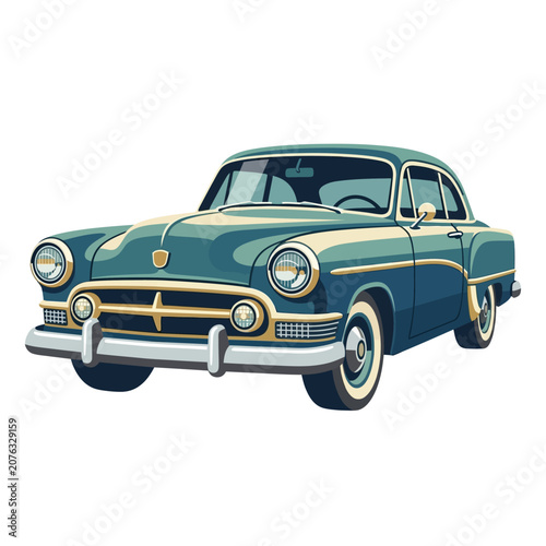 Classic Teal and Cream 1950s Vintage Coupe Car Illustration