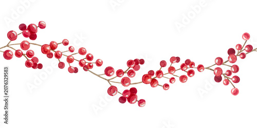 Fotografía Watercolor christmas seamless border with festive winter red berry garland branch