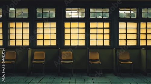 Empty waiting room with yellow-lit windows and chairs.
