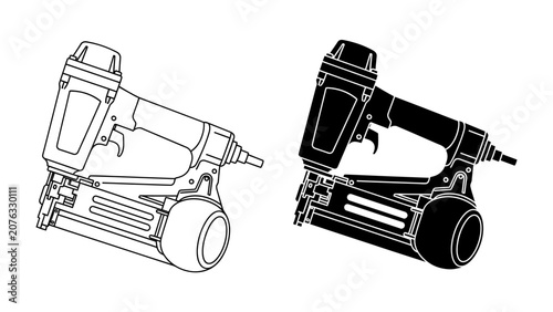 Tableau sur toile Nail Gun Illustration: A clear, clean illustration of a nail gun in both outline and silhouette, showcasing its industrial design and functionality