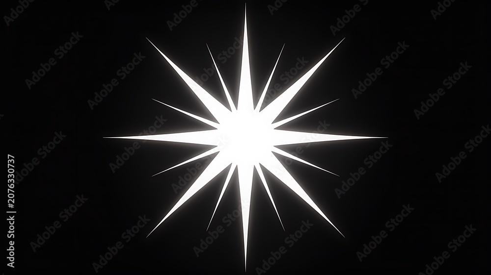 Fototapeta premium Radiant Starburst on Black: A brilliant white starburst with sharp, emanating rays glows intensely against a stark black background, suggesting energy and light.