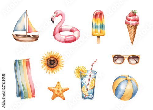 Watercolor kids summer beach collection with flamingo float and vacation accessories.