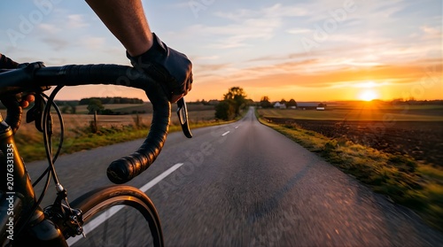 Cyclist riding a road bike on a country path during a golden sunset
