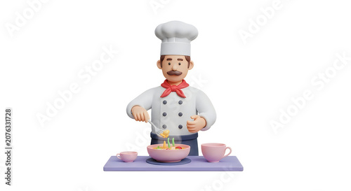 3d cartoon chef cooking food in a pan at the kitchen stove