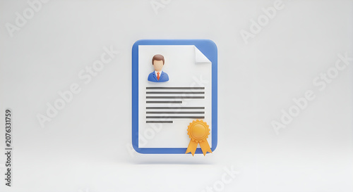3d icon of a professional resume document with a user profile avatar and a gold seal of approval or certification badge