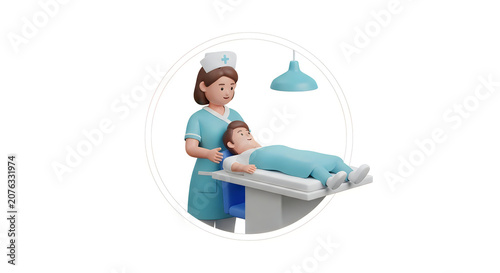 3d render of a friendly nurse caring for a patient lying on a hospital bed in a medical clinic