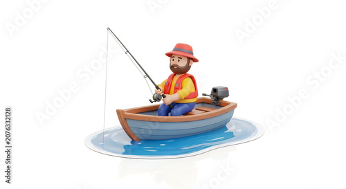 Cartoon fisherman character sitting in a small blue boat holding a fishing rod on water