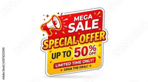Mega sale special offer 50 percent discount banner with megaphone