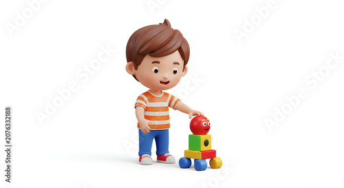 Little boy playing with colorful building blocks toy