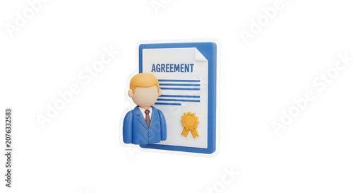 3d icon of a professional businessman character standing next to a legal contract document with a golden official seal stamp