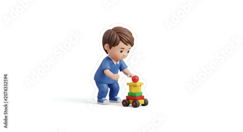 Cute little boy playing with colorful building block toy car