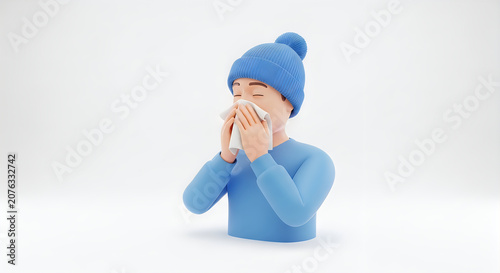 Young man wearing a blue winter hat blowing his nose into a tissue because he has a cold or flu
