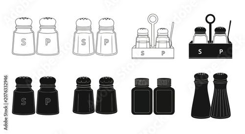 Foto Salt and pepper shaker icons, black and white, vector set of 12