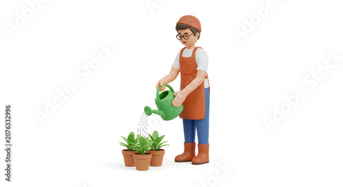 3d cartoon character of a gardener watering small green plants in pots