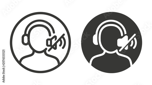 Tableau sur toile Mute Symbol Icons: Two minimalist icons, one in outline and the other in silhouette, depict a person wearing headphones with a mute symbol indicating silenced audio
