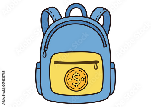 A cartoon blue backpack with a yellow pocket containing a dollar coin.