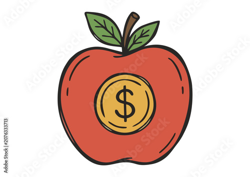Illustration of a red apple with a dollar coin on it