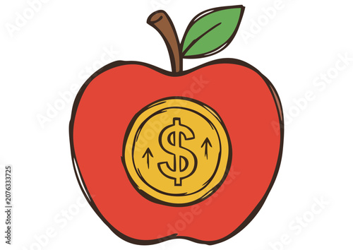 An illustration of a red apple with a golden coin featuring a dollar sign inside it.