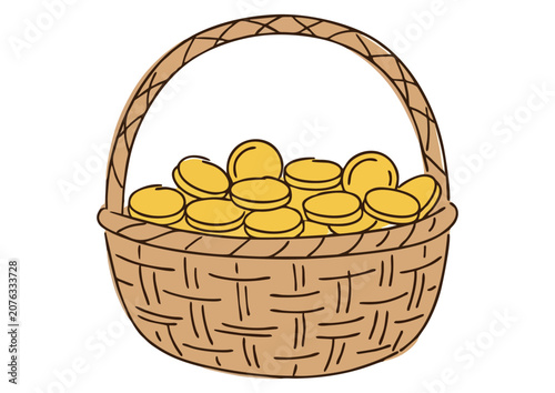 A wicker basket filled with gold coins on a plain surface indoors.