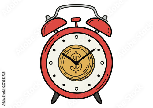 An illustration of a red alarm clock displaying a gold coin with a dollar sign on its face.