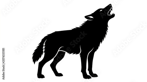 Black silhouette wolf howling isolated on white background