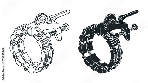 Fotografie Pipe Clamp Tool: Two detailed illustrations of a pipe clamp tool, one in black and white and the other in dark grey, showcase its industrial design and mechanism