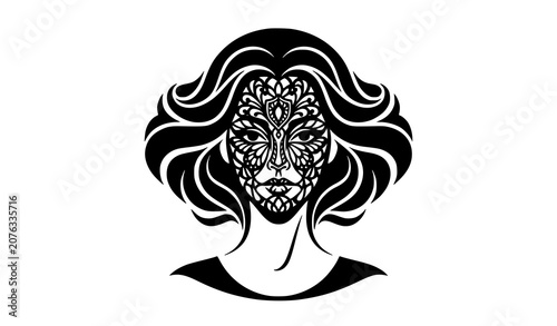 Photography Elegant Woman Portrait with Ornamental Floral Face Mask Decorative Black Vector