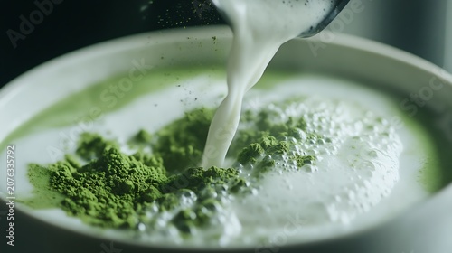 Milk pouring into matcha powder in a bowl.