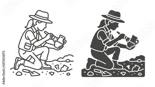 Photos Archaeologist Excavating Artifact: A lone archaeologist, dressed in expedition gear and a hat, meticulously brushes dirt from an ancient pot unearthed at a dig site