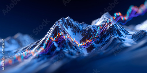 Financial market data visualizing growth over mountain landscape