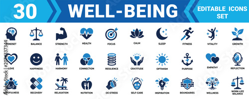 Canvas Print Set of 30 well being and healthy lifestyle icons for personal growth mental health and daily balance Minimal solid icon set bundle collection