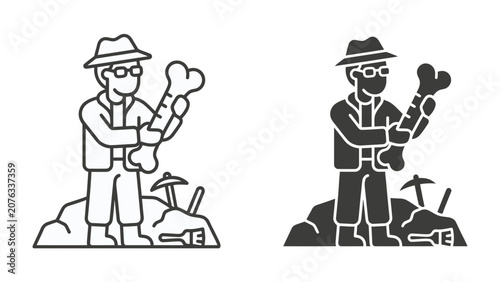 Photos Paleontologist Discovering Fossil: A minimalist icon set depicting a paleontologist in a hat and glasses, holding a fossilized bone on a rocky dig site, complete with tools for excavation