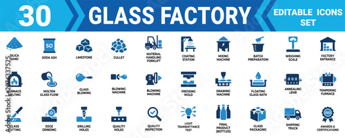 Fotografie Set of 30 glass factory icons showing production process manufacturing steps and industrial equipment Minimal solid icon set bundle collection