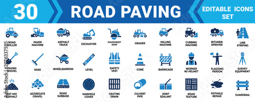 Konstfotografi Set of 30 road paving and construction equipment icons featuring asphalt machines and safety gear Minimal solid icon set bundle collection